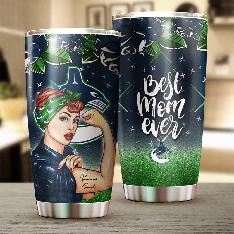 Vancouver Canucks NHL Tumbler: Strong Best Mom Ever Tumbler with NHL Logo, Perfect for Dedicated Fans