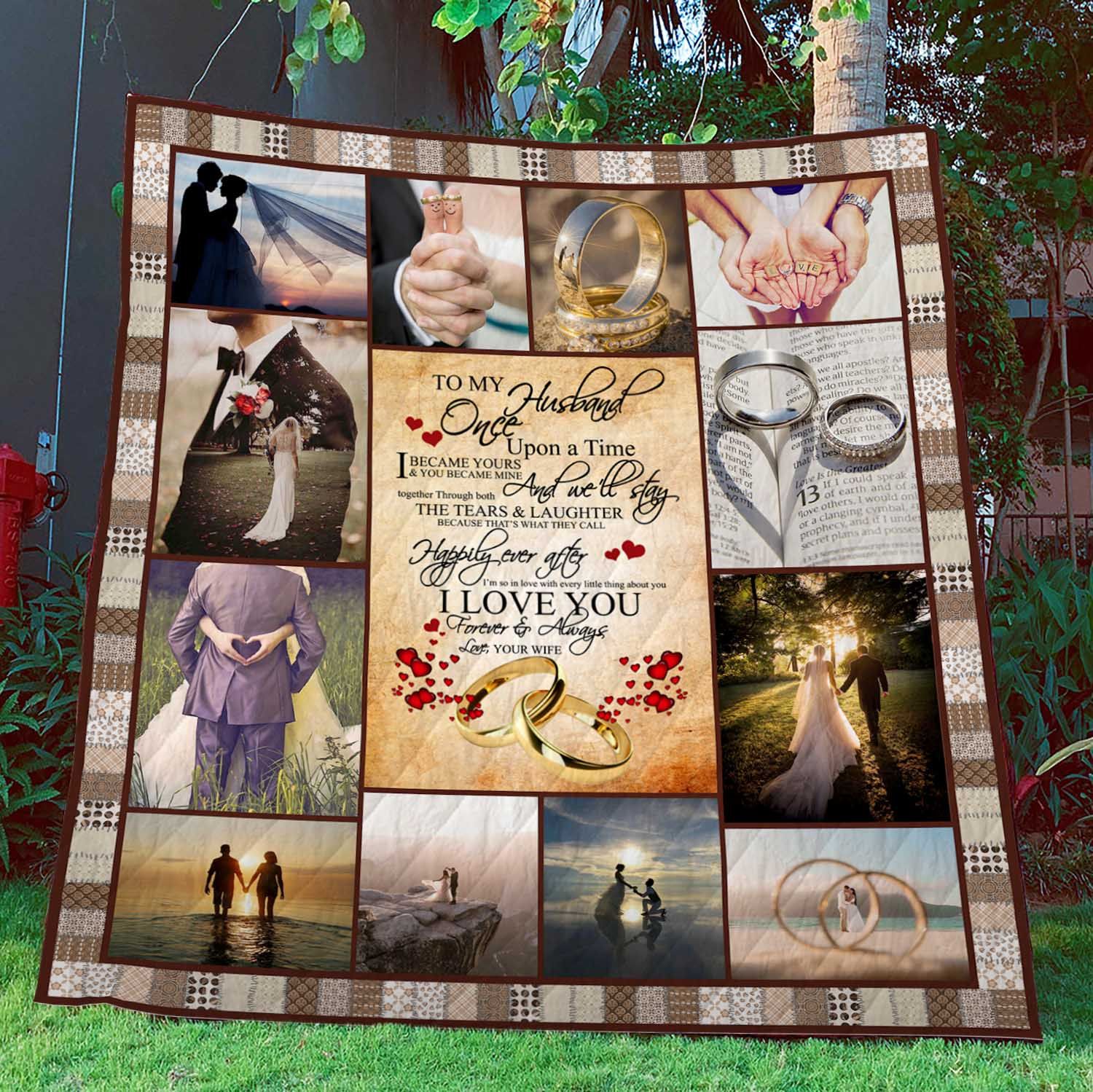 Vintage Family To My Husband Personalized Quilt Bedding Set for Anniversaries