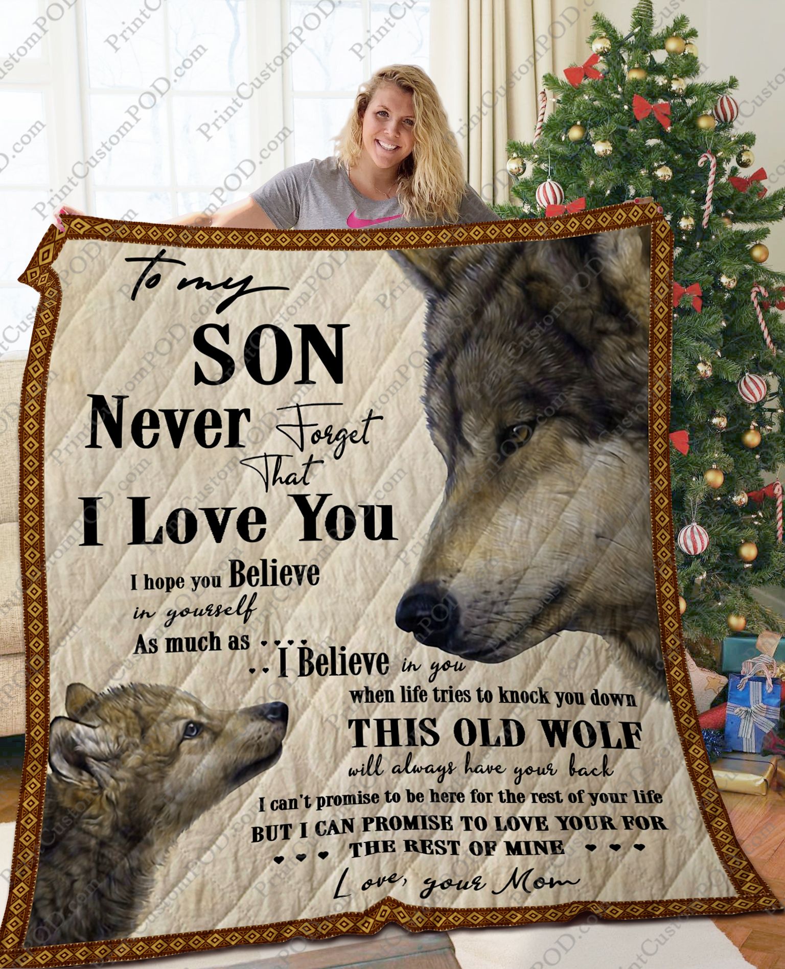 Wolf To My Son From Mom Personalized Quilt Bed Set with Wildlife Design
