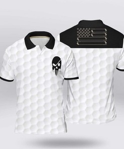 Black & White American Flag Golf Skull Polo Shirt - A Trendsetting And Patriotic Polo Shirt Design For Golf Enthusiasts.