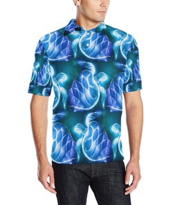 Blue Neon Sea Turtle Print Men'S Polo Shirt For Ocean Lovers