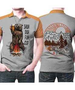 Camping Drinking Bear Cotton Mug 3D Polo Shirt With Personalized Print - Great Gift For Fans Of Nature