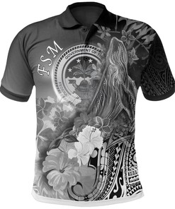 Fsm Humpback Whale Polo Shirt With White Tropical Flowers Design