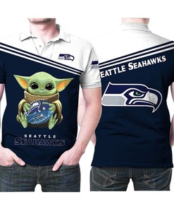 Great For Seahawks Fans: Baby Yoda Hugs Seattle Seahawks Ball Logo 3D Printed Polo Shirt With Personalized Print