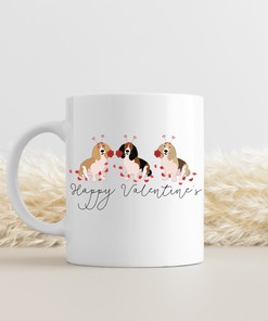 Happy Valentines Basset Hound Mug Set - Basset Hound Dog Lovers Gift Set - Dogs Gift For Him and Her Valentines Mug Set