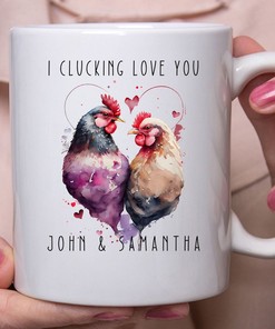 I Clucking Love You Couple Custom Name Mug Set, Cute Valentine's Gift