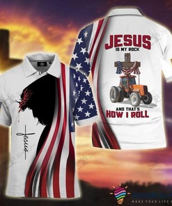 Jesus Is My Rock And That'S How I Roll Orange Tractor Polo Shirt - Great Gift For Christian Farmer Fans