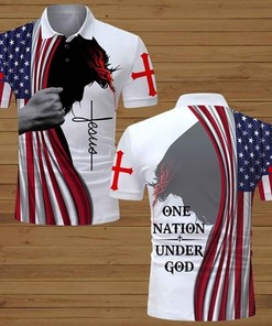 Jesus One Nation Under God American Flag Jesus Cross 3D Polo Shirt - Patriotic And Faithful