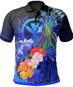 Kanaka Maoli Humpback Whale Polo Shirt - Tropical Flowers (Blue) - A Chic And Trendy Look