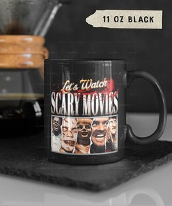 Let's Watch Scary Movie Retro Mug with Exorcist and Shining: Movie Mug with Devil Face Scream and Annabelle