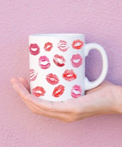 Lipstick Valentines Day Kisses Mug - White Ceramic Heart Gift - Galentines Day Gift Idea