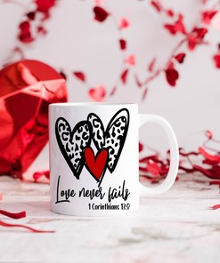 Love Never Fails Valentines Day Mug Set - Cute 15 oz Mug for Valentine's Gift