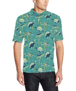 Men'S Hibiscus Pattern Sea Turtle Polo Shirt