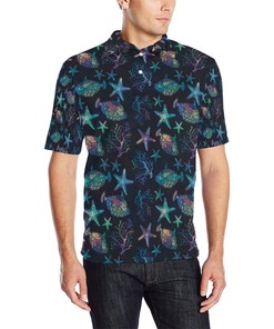 Men'S Starfish Print Polo Shirt - Ocean-Inspired Design With Personalized Polo Collar