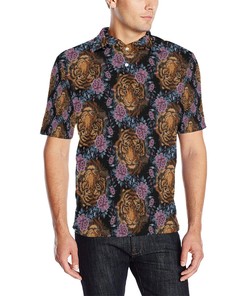 Men'S Tiger Head Floral All Over Print Polo Shirt - Striking And Bold Design With Polo Collar