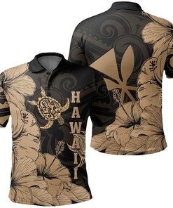 Men'S Turtle Polynesian Hibiscus Art Ver 2.0 Gold Athletic Polo Shirt