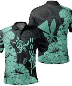 Men'S Turtle Polynesian Hibiscus Art Ver 2.0 Turquoise All Over Print Polo T-Shirt