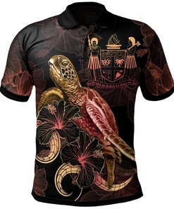 Men'S Turtle With Blooming Hibiscus Gold Fiji Polynesian Polo Shirt