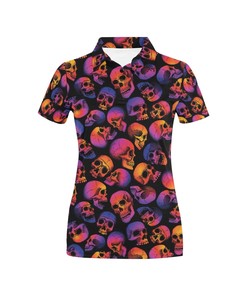 Multicolor Skull Print Women'S Polo Shirt - Perfect Gift For Fans Of Skulls And Dynamic Fashion