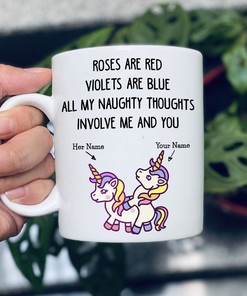 Personalised Funny Unicorn Couple Mug Set - Roses Are Red Naughty Mug, Custom Name Matching Mug Set