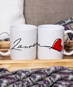 Personalised Valentine's Day Name And Heart Mug - Cute Hand-Drawn Love Heart Design - Double Mug - Gift For Her