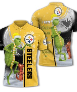 Personalized Christmas Grinch Hate Morning People Pittsburgh Steelers 3D Polo Shirt - Unisex Gift For Fans