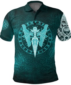 Polo Shirts - Cyan Spear Of The God Odin - Gungnir And Two Cyan Ravens Style Design