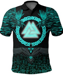 Raven And Valknut Cyan Viking All Over Print Polo Shirt - Striking And Mysterious Design With Polo Collar