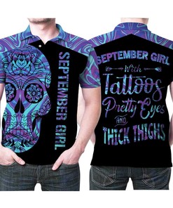 September Girl With Tattoos Sugar Skull Holographic All Over Print Polo T-Shirt - Ideal Gift For Fans