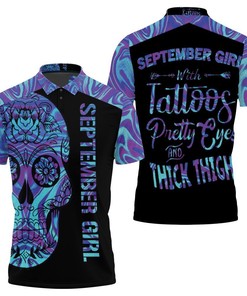 September Girl With Tattoos Sugar Skull Holographic Polo T-Shirt (Personalized) - Perfect For Fans