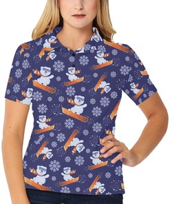 Women'S Snowboard Bear Print Polo Shirt - Cute Gift For Winter Sports Fans