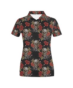 Women'S Spider Web Skull Rose Print Polo Shirt - Edgy Gift For Fans Of Skulls And Roses