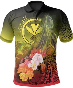 Yellow Kanaka Maoli Humpback Whale Tropical Flowers Polo Shirt For Gifts