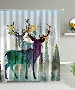 3D Animal Bath and Shower Curtain, Elk Floral Moose Deer Print, Waterproof Fabric