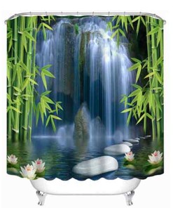 3D Bamboo Forest Waterfall Shower Curtain For Bathroom Decor