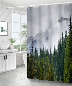 3D Bathroom Shower Curtain With Misty Forest Jungle Pine Tree Print For A Relaxing Escape