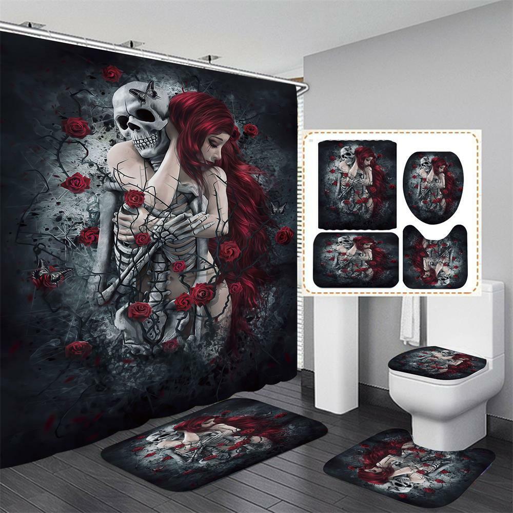 3D Beauty Skull Rose Shower Curtain - Gothic And Floral Prints