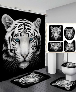 3D Black & White Tiger Animal Waterproof Shower Curtain Lid For Bathroom
