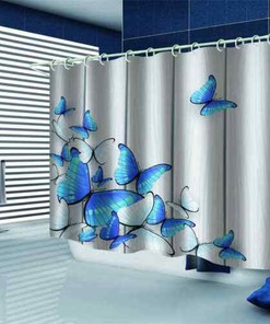 3D Blue Butterfly Shower Curtain, Waterproof Decoration for Bathroom