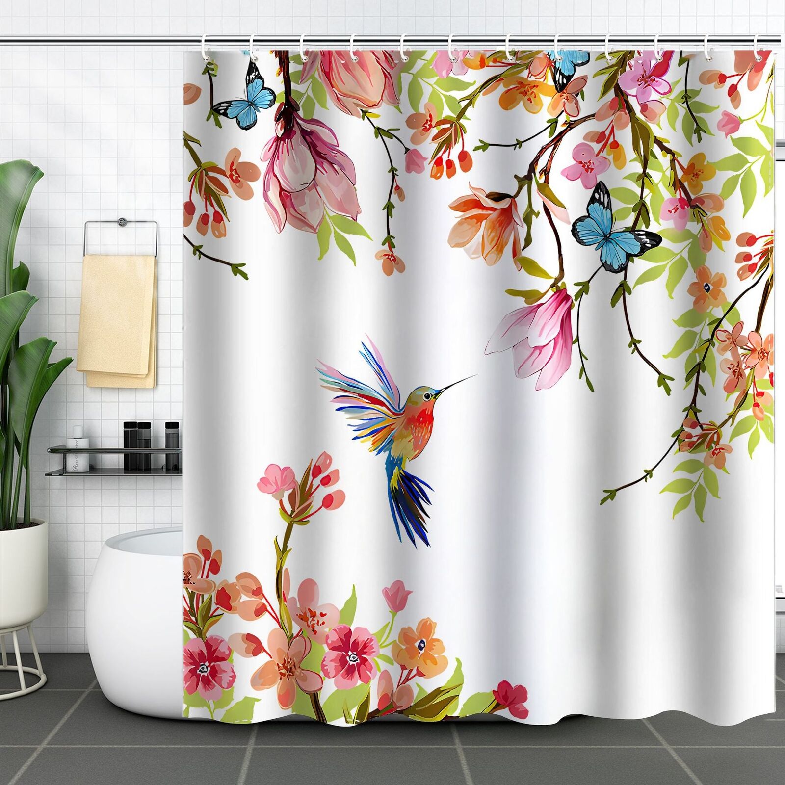 3D Butterfly Flower Shower Curtain For Vintage Bathroom Style
