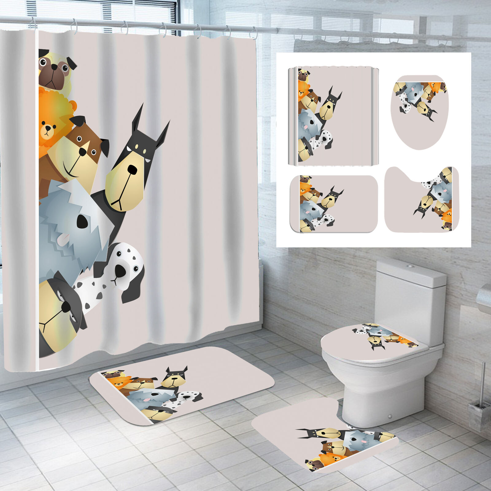 3D Cartoon Dog Animal Print Shower Curtain Set With Curtain Full Size