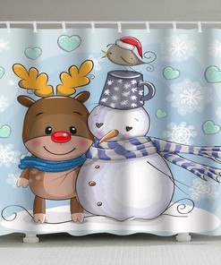 3D Cartoon Snowman Deer Snowflake Shower Curtain - Festive Prints