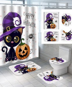 3D Cat Pumpkin Head Halloween Shower Curtain - Festive And Cute Prints