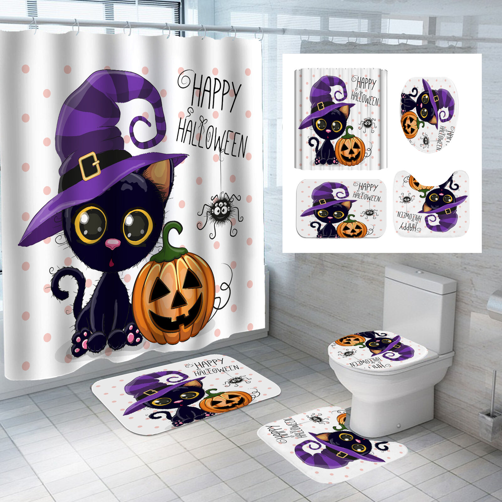 3D Cat Pumpkin Head Halloween Shower Curtain - Festive And Cute Prints