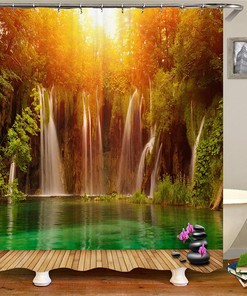 3D Digital Printing Shower Curtain, Waterfall Scenery Fabric Showers Curtain, Bathroom Decor