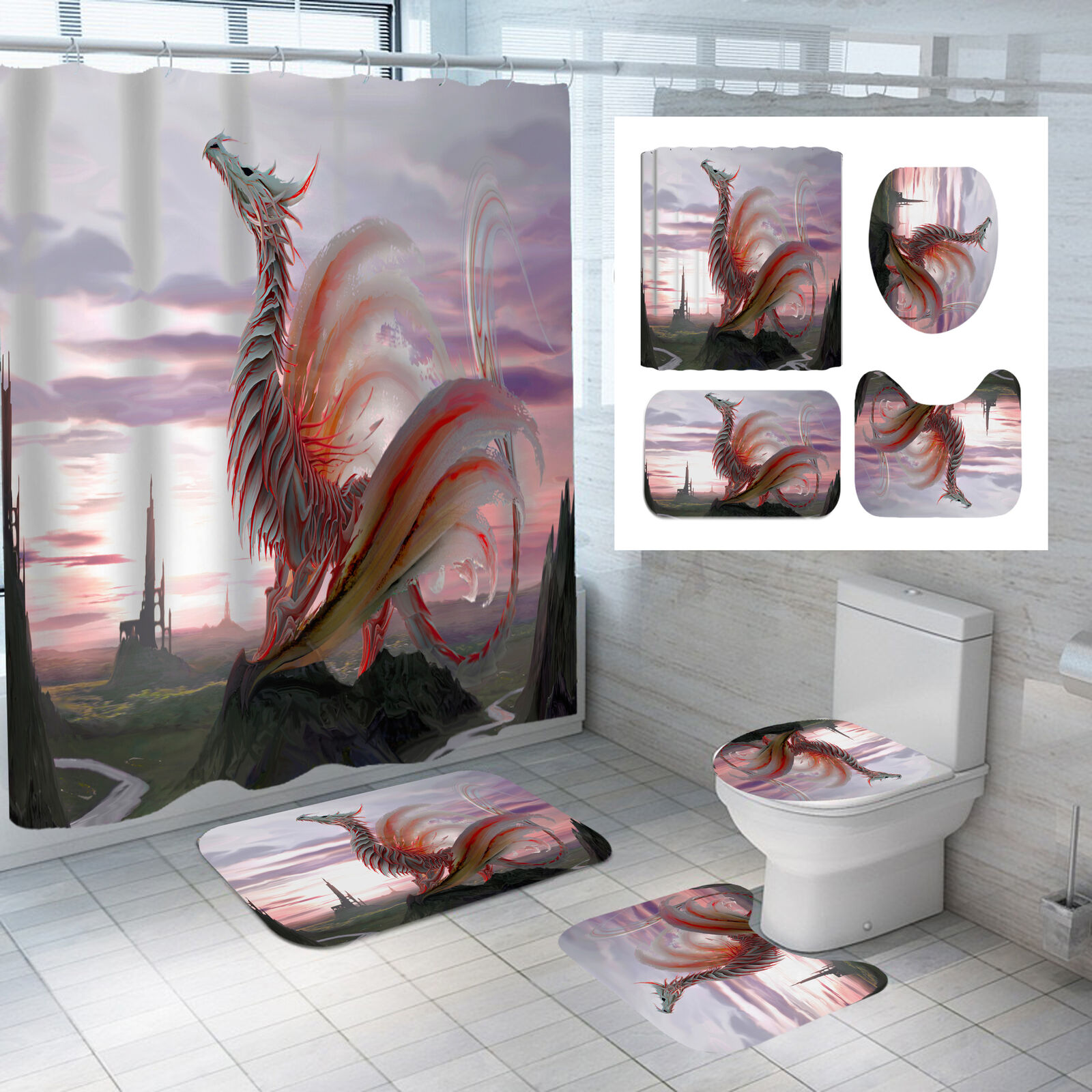3D Dragons Feather Animal Shower Curtain - Mythical Creature Print