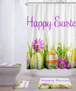 3D Easter Eggs Flower Grass Shower Curtain Lid Set New- For A Festive Bathroom Refresh