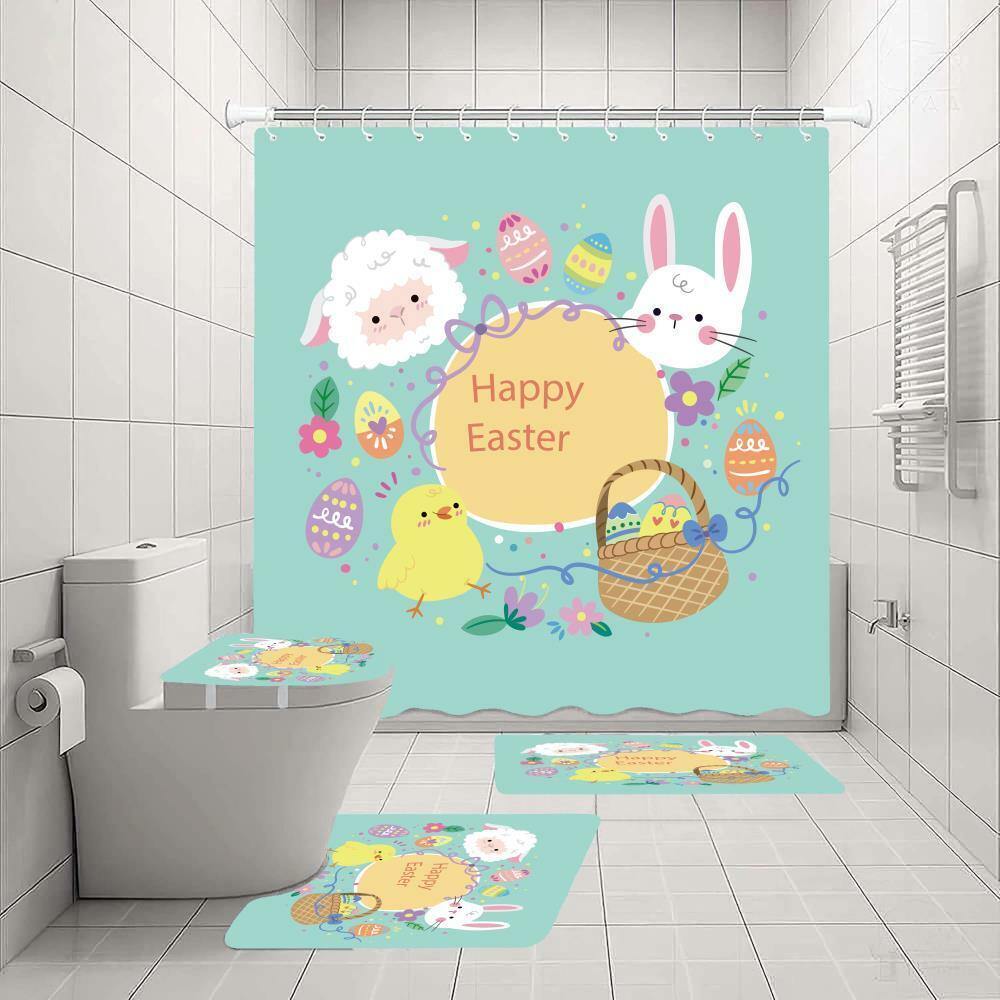 3D Easter Eggs Rabbit Shower Curtain Lid Set- For A Festive Bathroom Decor