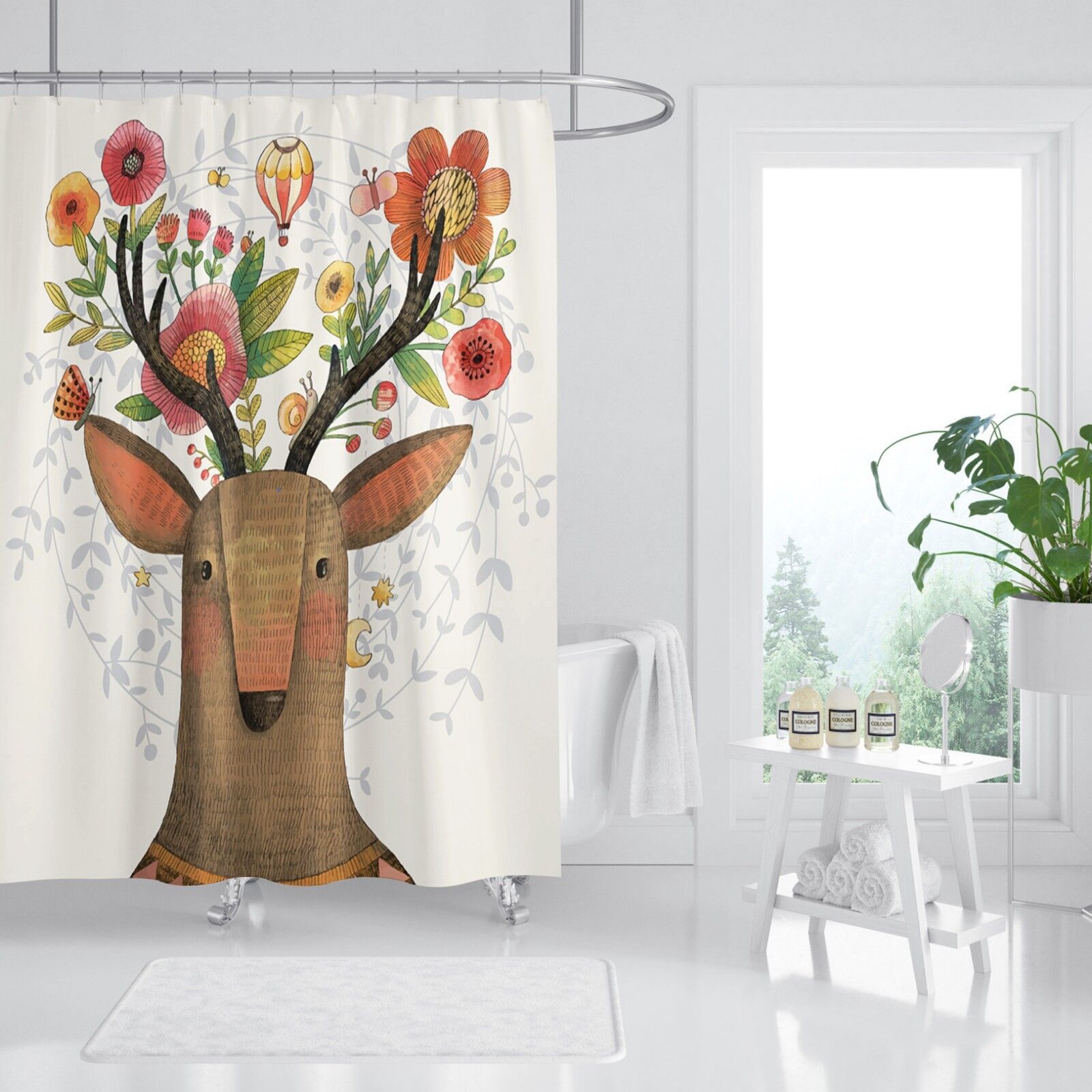 3D Flower Deer 78 Shower Curtain With Waterproof Fiber For A Rustic Bathroom Style