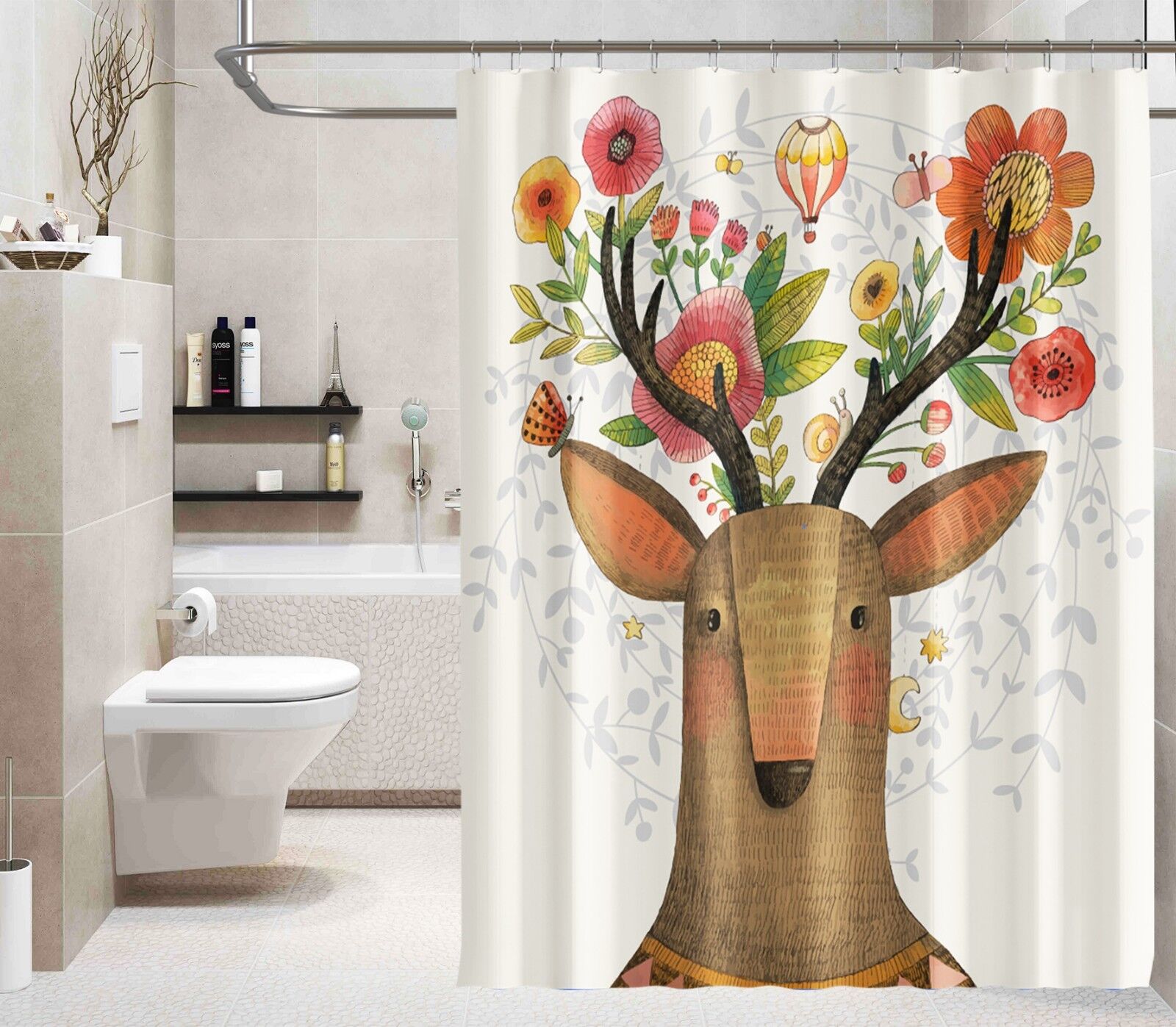 3D Flower Deer 78 Shower Curtain With Waterproof Fiber For A Rustic Bathroom Style - Image 2